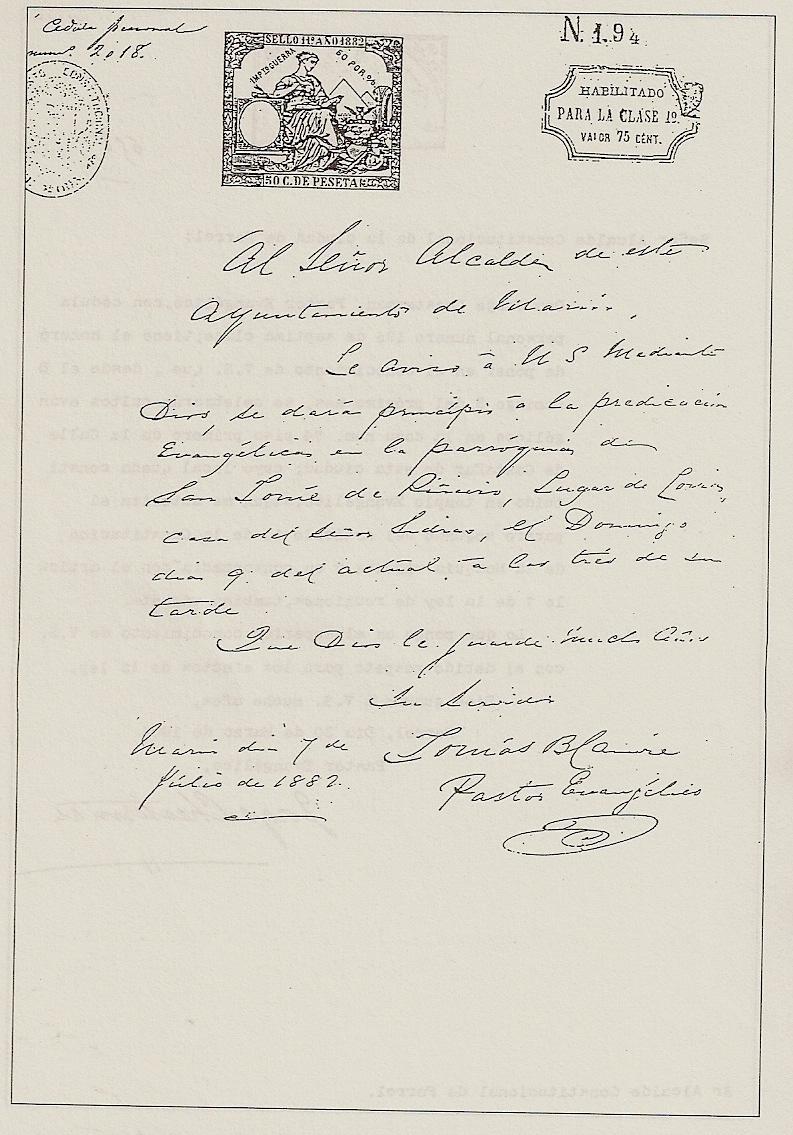 Notificación al alcalde de Marín, Juan Rocafort, comunicando el comienzo de la predicación evangélica en Loira, fechada el 7 de Julio de 1882, y firmada por Tomás Blamire.